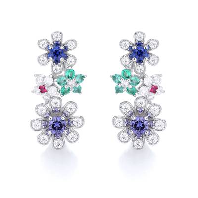 ECB5212 S925 Silver Plated 18White Gold LAB Gemstone Dopamine Colored Small Flower Moissanite Earrings